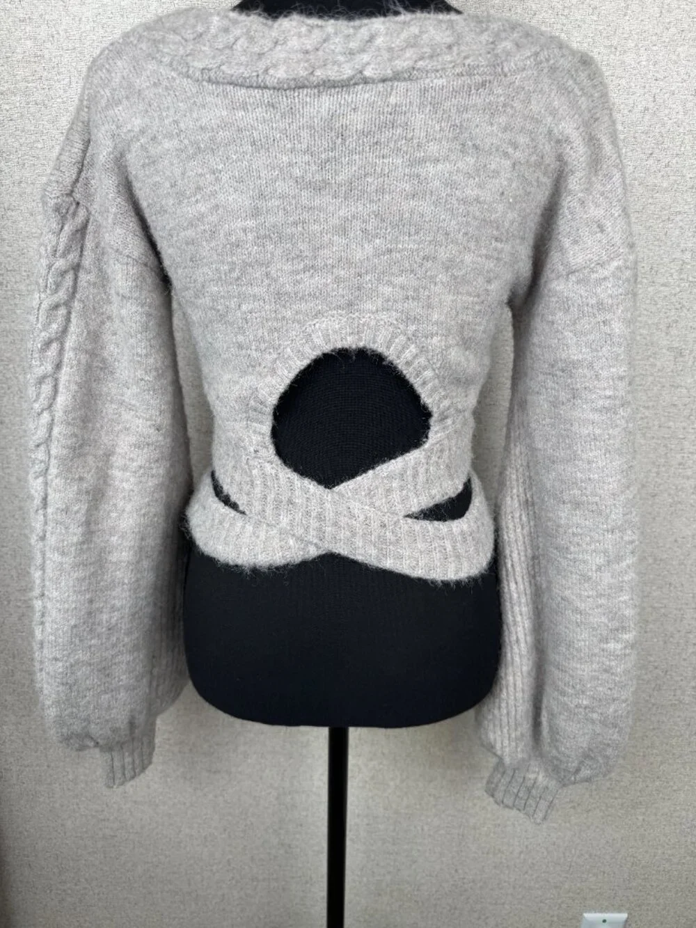For Love & Lemons Fuzzy Wrap Sweater Crop Top Gray Cutout Tie Waist S - Picture 3 of 7